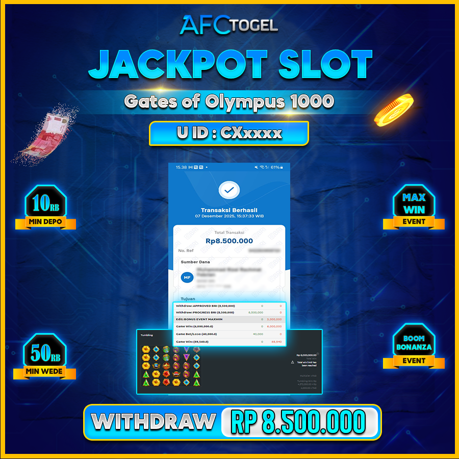 AFCTOGEL JACKPOT SLOT Gates of Olympus 1000 Rp.8.500.000.,- LUNAS